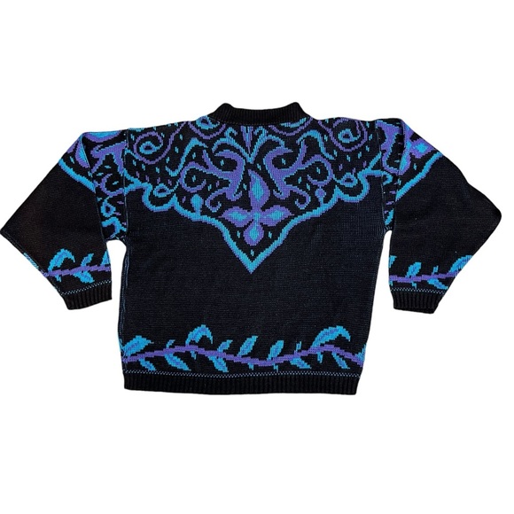 La Venture Vintage Abstract Jacquard Cozy 80’s Teal Black Purple Sweater - Picture 2 of 9